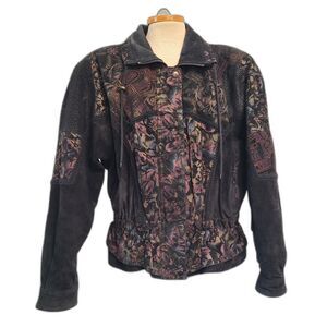 Vtg Euro Mond Leather Moody Floral Bomber Moto Jacket MEDIUM Embroidered Black M